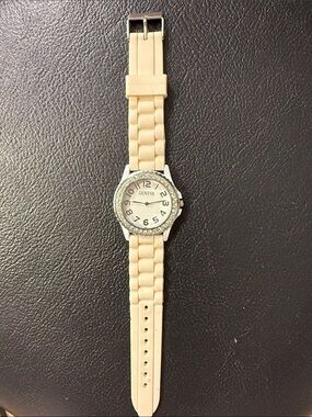 Geneva Men’s Cream Silicone Strap Watch with Crystal-Accented Bezel